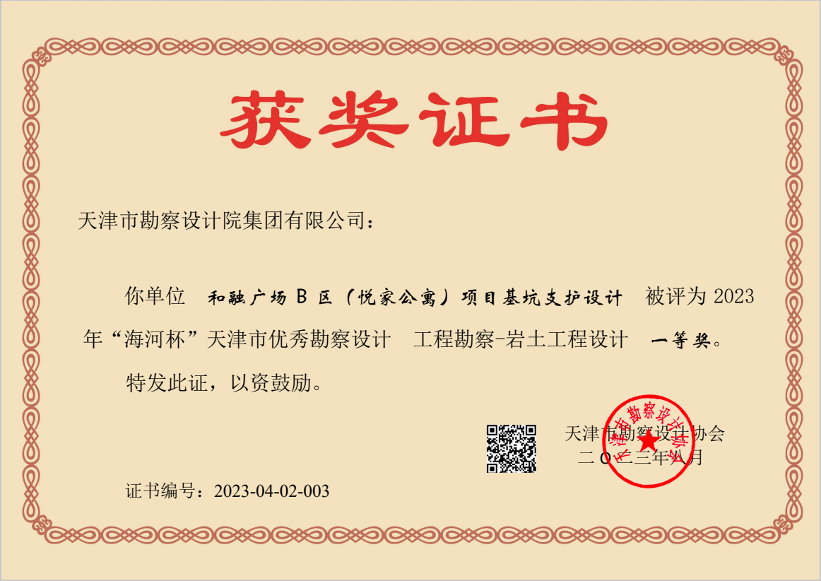 PP电子5金狮集团加入和融广场B区（悦家公寓）项目基坑支护设计项目荣获天津市“海河杯”一等奖